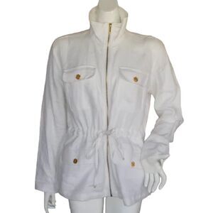 CHAPS Linen Jacket, L, White, Zipper, Pockets Golden Buttons, Cinch Waist